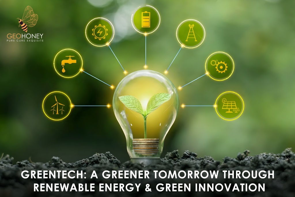 Image of renewable energy sources and green technology to address environmental challenges.